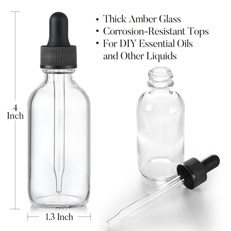 12 Pack, 2 oz Glass Eye Dropper Bottles w  3 Stainless Steel Funnels & 1 Long Pipette Dropper & 24 Labels - 60ml Clear Tincture Bottles for Essential Oils, Liquids - Leakproof Travel Essential Bottles Organiser Canister