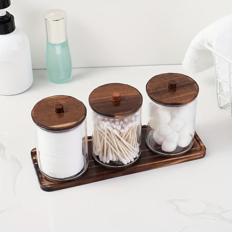 Clear Storage Box with Wooden Lid, 3 Counts set Swab Holder, Bathroom Organizer, Home Organizer for Bedroom, Living Room