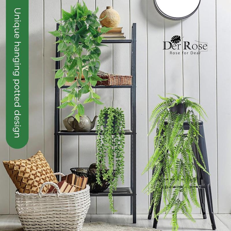 4 Pack Artificial Hanging Plants with Pots - Ivy, Vine, Eucalyptus and Boston Fern Decor