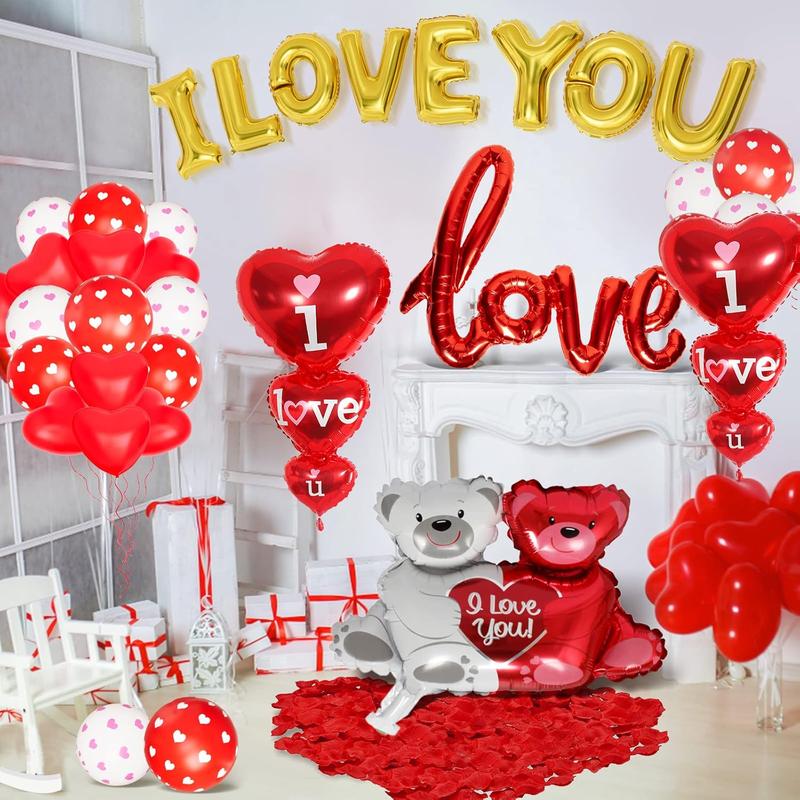 Valentines Day Balloons Decorations I Love You Balloons and Heart Balloons Kit with 1000 count Red Silk Rose Petals Flower Decoration Love-Bear Heart Print Balloons Banner for Valentine Party Decorations