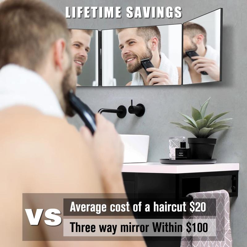 3 Way Mirror for Hair Cutting, Tri-fold Mirror ,Height Adjustable with Two Hold Nails Self Haircut Mirror as a Gift for Men or Women