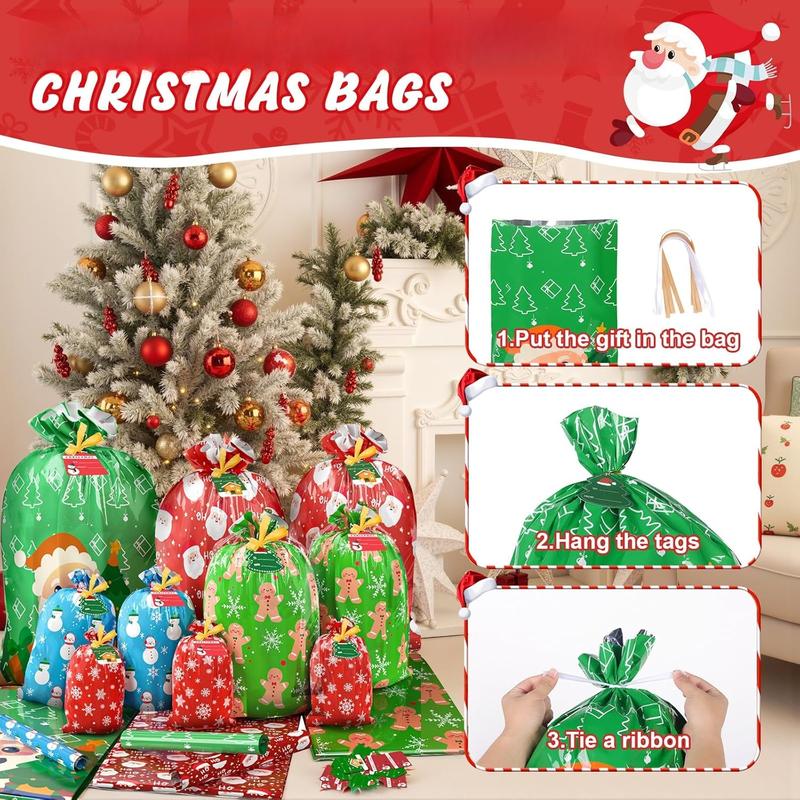 22 count Christmas Gift Bags, 5 Styles Christmas Bags for Gifts, Holiday Reusable Christmas Gift Bags (3 X-Large, 3 Large, 5 Medium, 5 Small, 6 Mini) & 22 Cards & 16 Ribbons & 40 Ties