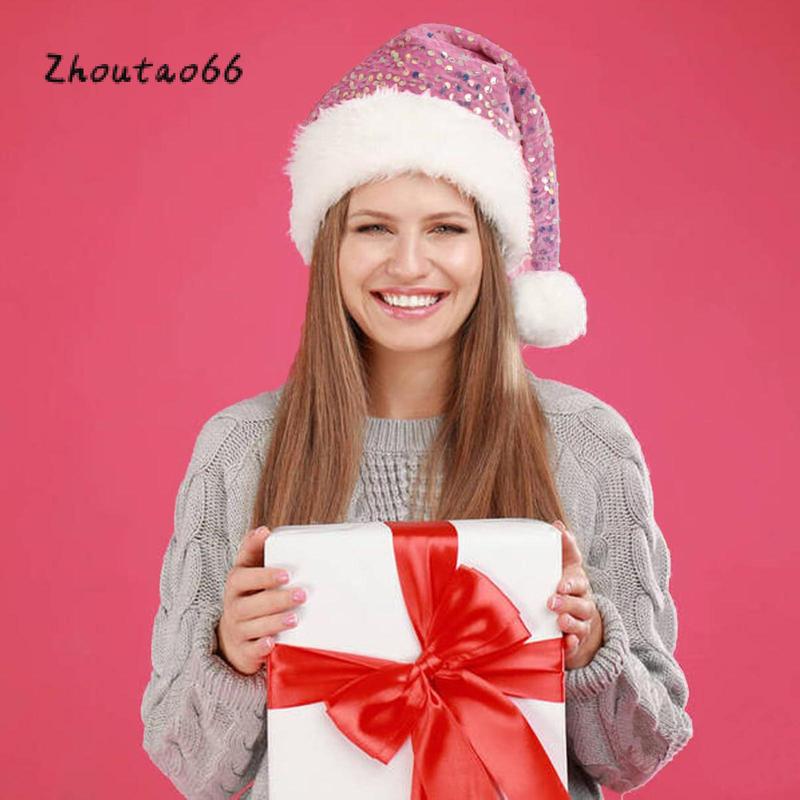 Christmas Santa Hats for Women Thicken Fuzzy Trim Shiny Sequin Caps Winter Christmas Costume Accessories