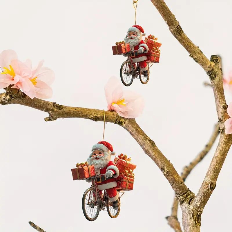 Christmas Santa Claus Riding Bicycle Design Ornament, 1 Count Festival Style Acrylic Decoration, Holiday Fairy Tale Theme Pendant for Home, Garden, Party