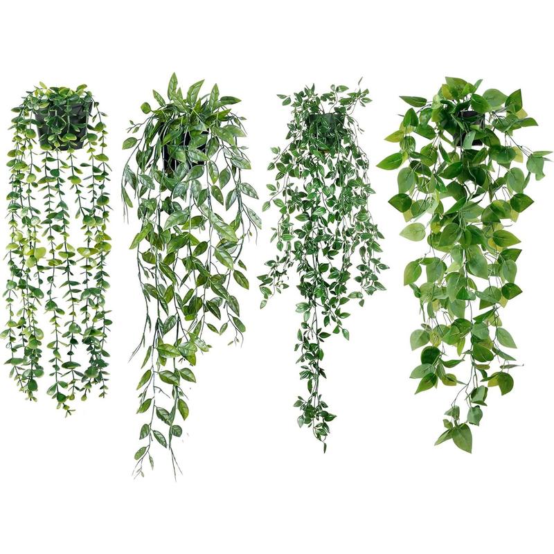 Fake Hanging Plants 4 Pack Artificial Hanging Plants Fake Potted Greenery Faux Eucalyptus Vine String of Pearls Boston Fern Ivy Vine Leaves for Home Indoor Outdoor Shelf Wall Garden Decor