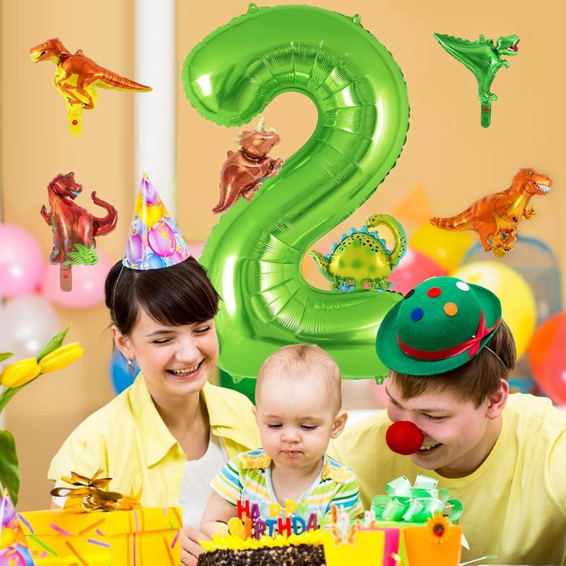 Dinosaur Green Number 2 Balloon, 40 Inch Big Large Foil Helium Green Number Balloon with 6 count Mini Dinosuar, Dinosuar Balloons Set for 2 Year Old Birthday Party Decorations Supplies