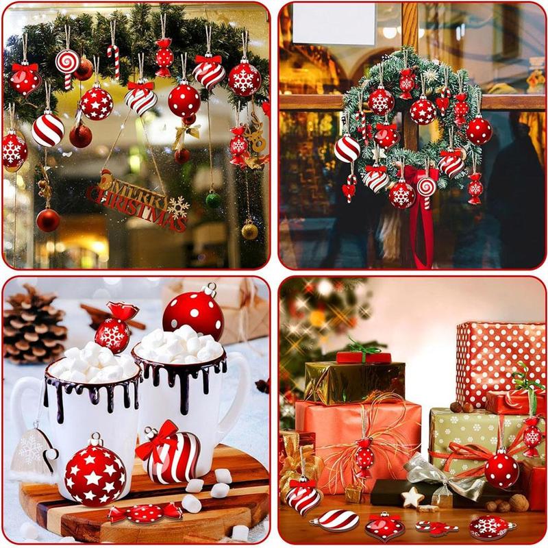 Mixed Color Christmas Tree Decoration, 12pcs set Wooden Christmas Ball & Candy Design Hanging Ornament, Holiday Party Decoration Supplies for Home Party Tree