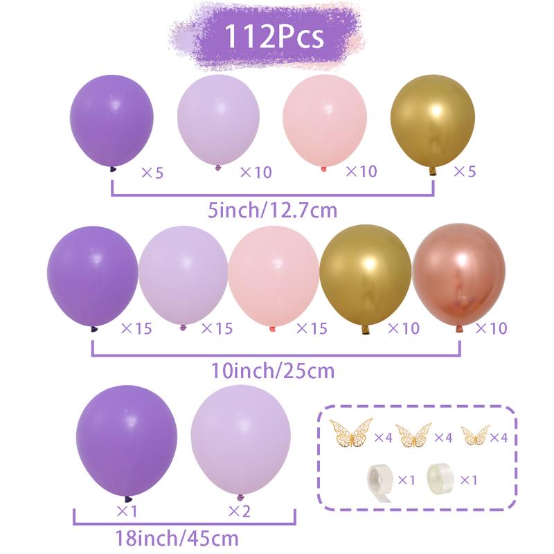 Purple Balloon Garland Arch Kit,112pcs Lilac Gold Latex Balloon,Wedding Birthday Party Balloon Decoration,Butterfly Theme Party Baby Shower Decor Purple Butterfly Balloon Tablecloth Set