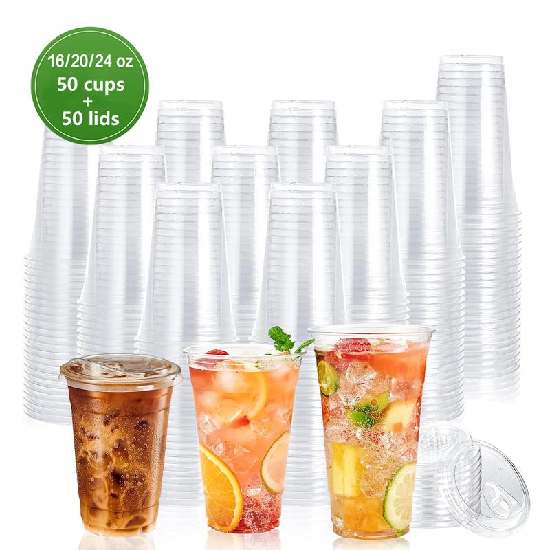 Disposable Plastic Cup with Lid, 50 Set Clear Cup with Direct Drinking Lid,  Plastic Cups, Disposable Tableware for Wedding, Restaurant, Party, Picnic