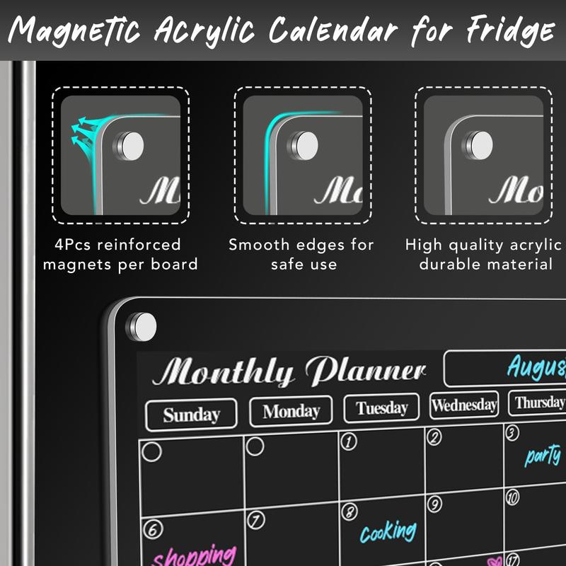 DIYMAG 4Pcs Acrylic Magnetic Dry Erase Calendar for Fridge, Clear Acrylic Calendar Planning Board Set Magnetic Weekly Monthly Planner Menu for Refrigerator with 6 Highlight Markers Transparent Color