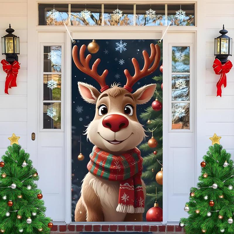 Christmas Themed Door Banner, 1 Count Reindeer Pattern Door Hanging Banner with 4 Grommets, Festive Party Decoration for Home Living Room Bedroom