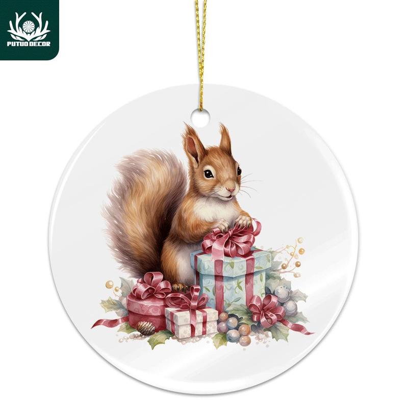 Squirrel Design Ceramic Hanging Ornament, 1 Count Lovely Squirrel with Gift Box Design Hanging Decoration, Christmas Tree Decor for Home Party