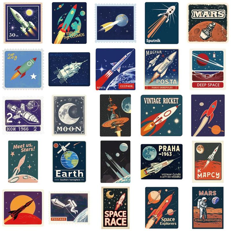 Space Travel Themed Sticker, 50pcs set Cartoon Creative Sticker, DIY Decorative Sticker for Stationery & Computer & Water Bottle