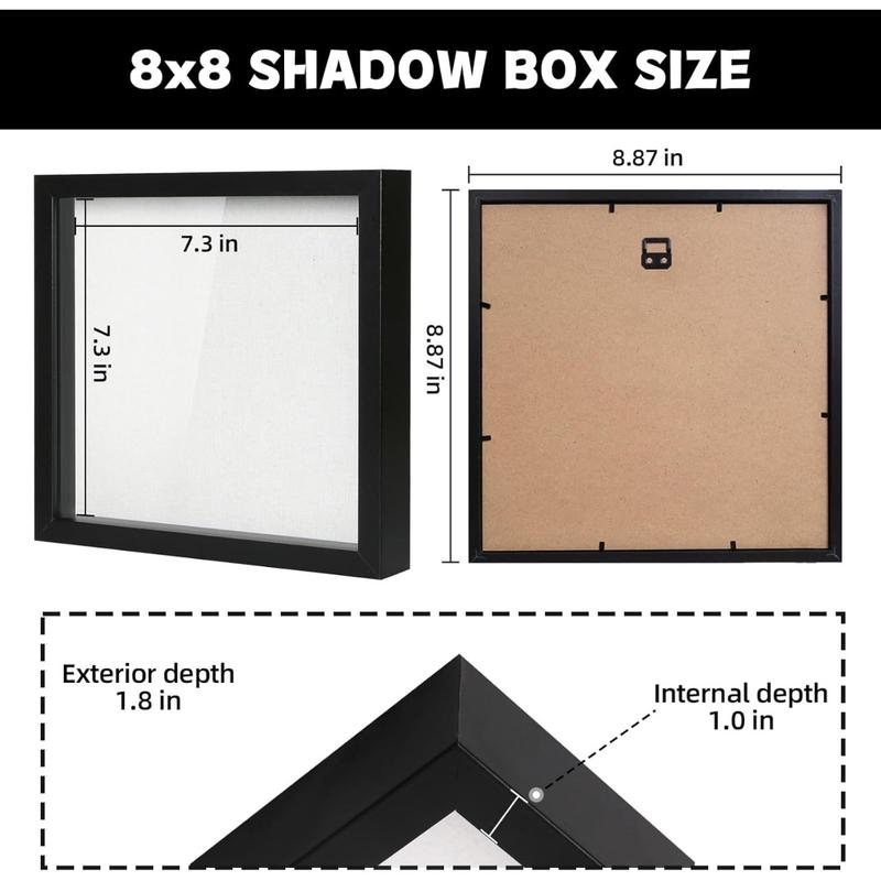 8x8 Shadow Box Picture Frame with Linen Board, Deep Wood & Glass Display Case Ready to hanging Memory Box Sports Memorabilia, Pins, Awards, Medals, Wedding, Tickets and Photos (Black)