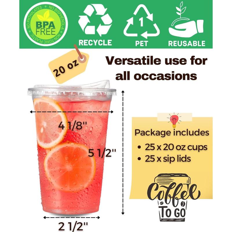 20 oz Clear Plastic Cups with Strawless-Sip-Lids, 25 Sets Disposable Cups Plastic Iced Coffee Cups, To Go Cups with Sip Through Lids for Smoothie, Milkshake, Cold Drinks for Party, Wedding, Event