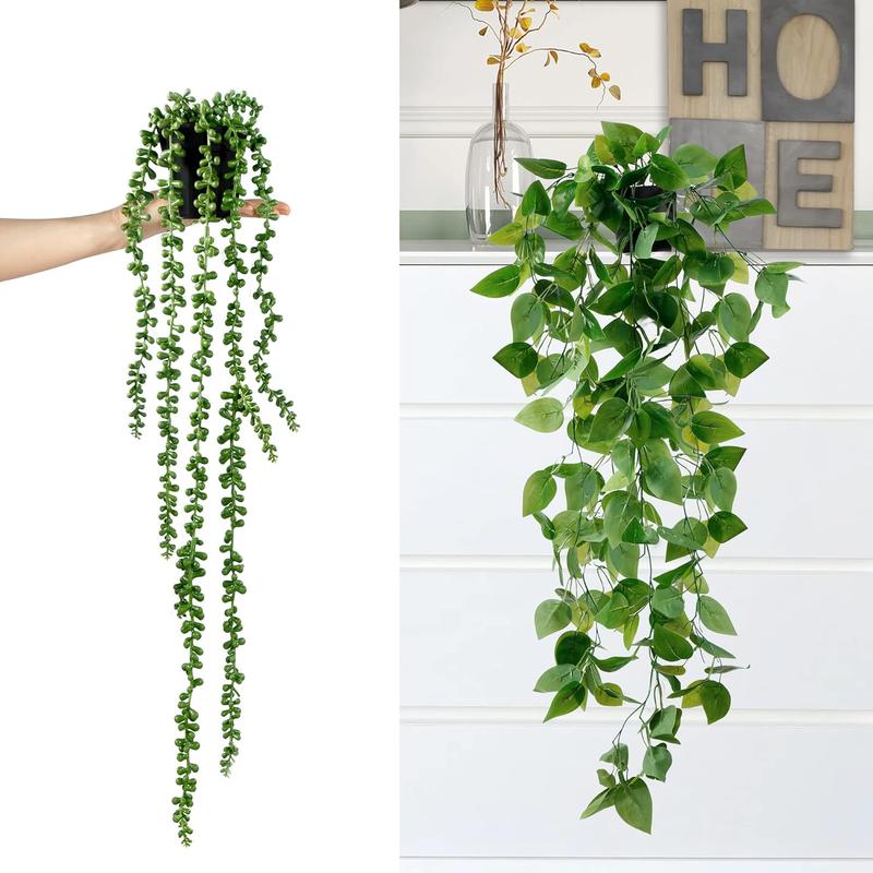 Fake Hanging Plants 4 Pack Artificial Hanging Plants Fake Potted Greenery Faux Eucalyptus Vine String of Pearls Boston Fern Ivy Vine Leaves for Home Indoor Outdoor Shelf Wall Garden Decor