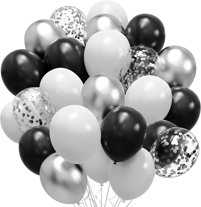 Black and  Balloons, 60 count 12 Inches Black White  Confetti Balloons with 1 Ribbon for Birthday,  Shower, Wedding, and  Theme Party Decoration