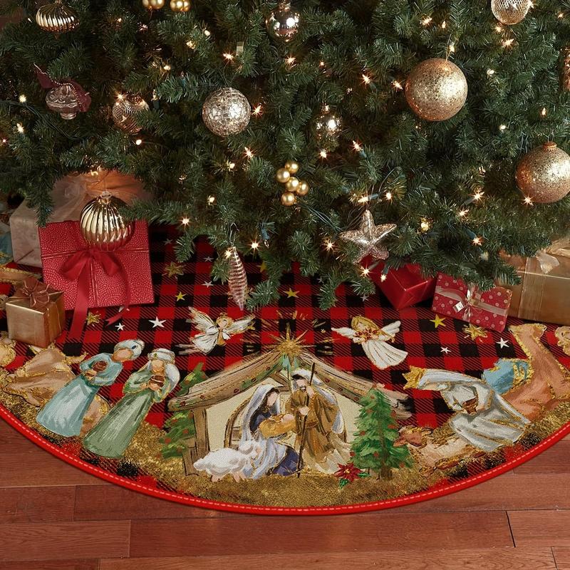 Jesus Birth Scene Themed Christmas Tree Skirt, 1 Count Plaid Pattern Christmas Tree Mat, Holiday Party Decoration for Home Garden