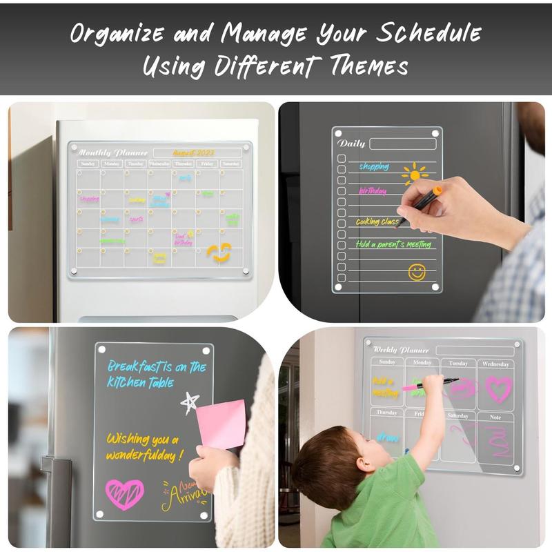 DIYMAG 4Pcs Acrylic Magnetic Dry Erase Calendar for Fridge, Clear Acrylic Calendar Planning Board Set Magnetic Weekly Monthly Planner Menu for Refrigerator with 6 Highlight Markers Transparent Color