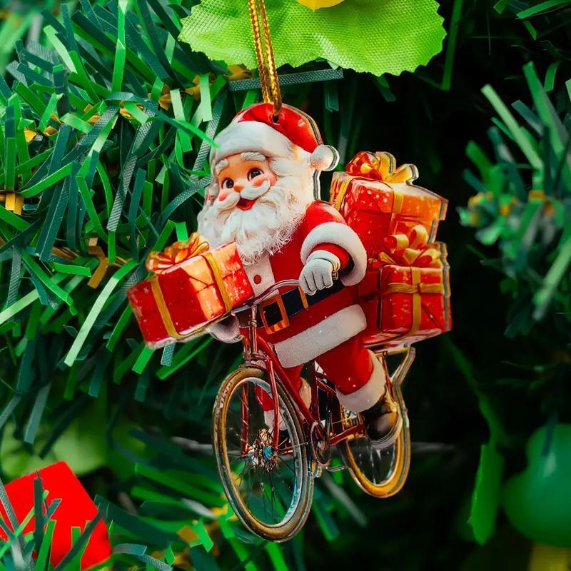 Christmas Santa Claus Riding Bicycle Design Ornament, 1 Count Festival Style Acrylic Decoration, Holiday Fairy Tale Theme Pendant for Home, Garden, Party