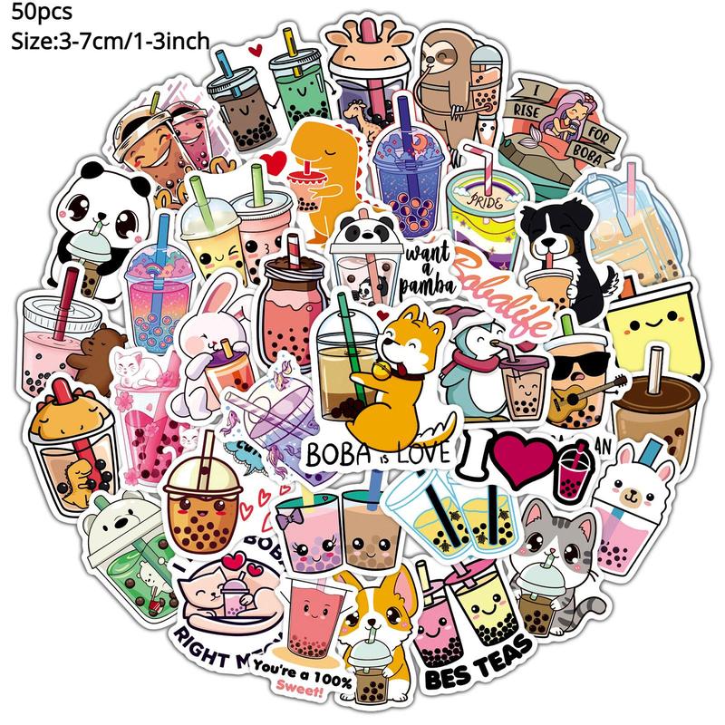 50pcs Cartoon Milk Tea Pattern Assorted Sticker, Graffiti Waterproof Decoration Sticker, DIY Decorative Sticker For Water Cup, Phone, Computer, Stationery, Scrapbooking