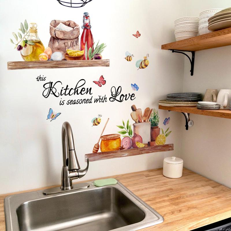 Kitchenware Utensil Shelf Wall Sticker, 1 Set Letter & Kitchenware Pattern Removable Wall Decal, DIY Wall Decals for Kitchen Dining Restaurant