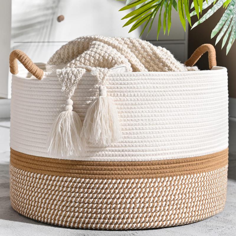 laundry hampers,xxxlarge cotton extra large laundry basket Organiser,Large Blanket Basket,Cotton Rope Blanket Basket for Living Room,Nursery,Pillows,Baby Toy chest (White Brown)