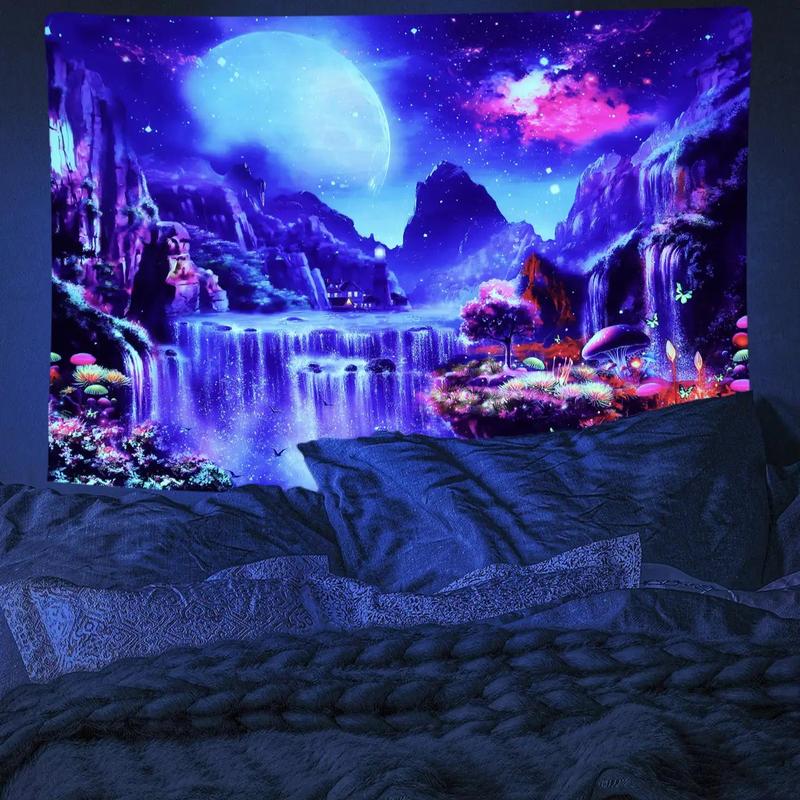 Fluorescent Tapestry, 1 Count Waterfall Scenery Tapestry, Wall Hanging Tapestry for Living Room Bedroom Dorm Room Decor, Party Supplies