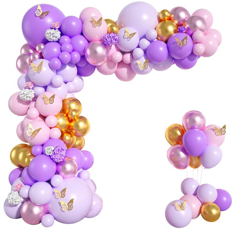 Purple Balloon Garland Arch Kit,112pcs Lilac Gold Latex Balloon,Wedding Birthday Party Balloon Decoration,Butterfly Theme Party Baby Shower Decor Purple Butterfly Balloon Tablecloth Set