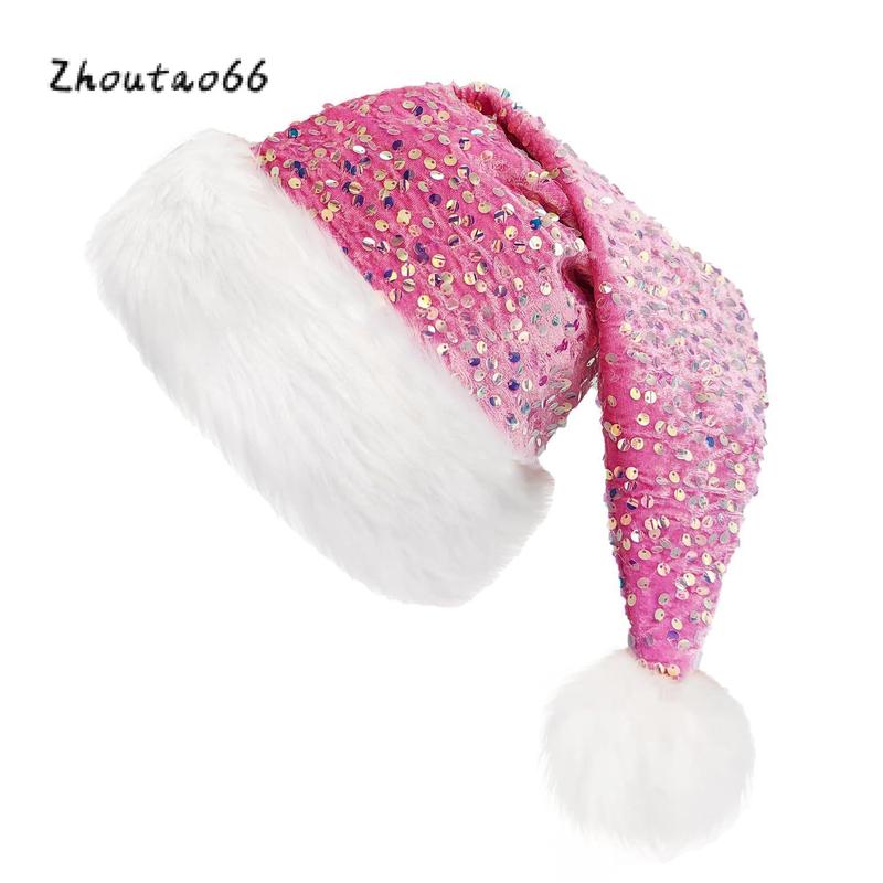 Christmas Santa Hats for Women Thicken Fuzzy Trim Shiny Sequin Caps Winter Christmas Costume Accessories