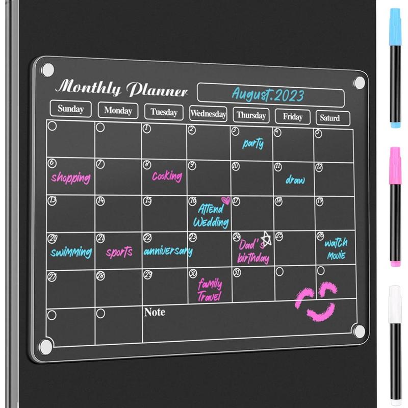 DIYMAG 4Pcs Acrylic Magnetic Dry Erase Calendar for Fridge, Clear Acrylic Calendar Planning Board Set Magnetic Weekly Monthly Planner Menu for Refrigerator with 6 Highlight Markers Transparent Color