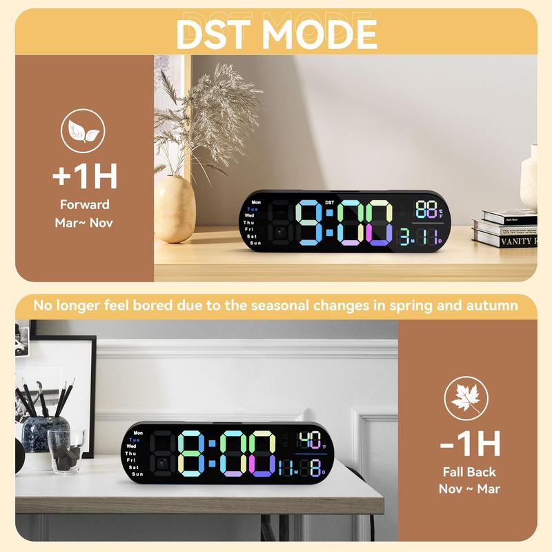 Digital Wall Clock with Auto Brightness, Displays Room Temperature and Date, Large Digital Clock Equipped with Dual Alarm Clock and 13.7-Inch Wide Display, Timer and Countdown Functions Decor Set Rgb