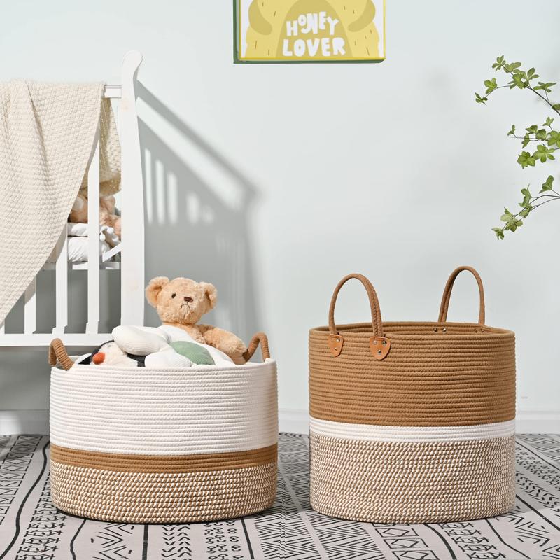 laundry hampers,xxxlarge cotton extra large laundry basket Organiser,Large Blanket Basket,Cotton Rope Blanket Basket for Living Room,Nursery,Pillows,Baby Toy chest (White Brown)