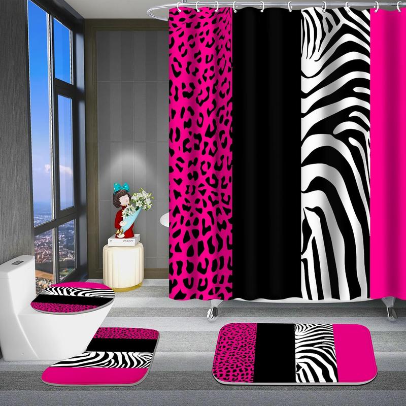 PCs bathroom shower curtain set, leopard print shower curtain shower curtain sets (Bath, shape toilet lid cover) 12 hooks