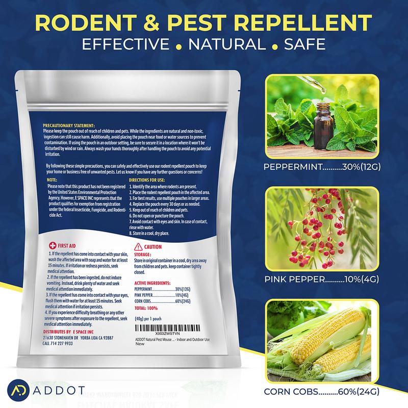 ADDOT Rodent Mouse Repellent Indoor - Powerful Pest Repeller for Mice, Squirrels, Bats, and More - 10 Pack, 40g Effective Peppermint Deterrent for Attic, Garage, RV, Basement, House, and Warehouse