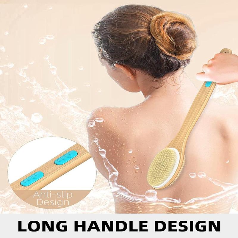 Wooden Shower Brush with Soft & Stiff Bristles, 1 Count Bath Dual-sided Long Handle Back Scrubber, Body Scrubber for Wet & Dry Brushing