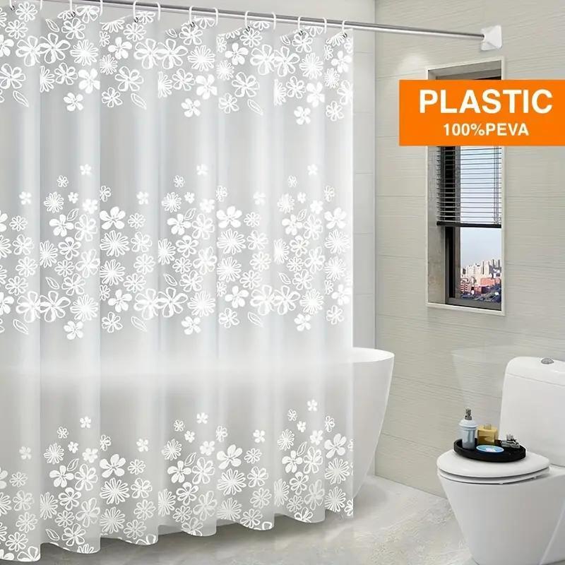 Flower Pattern Shower Curtain, 1 Set Plastic Waterproof & Anti-mold Shower Curtain with Hooks, Durable Bathroom Accessories for Home Bathroom