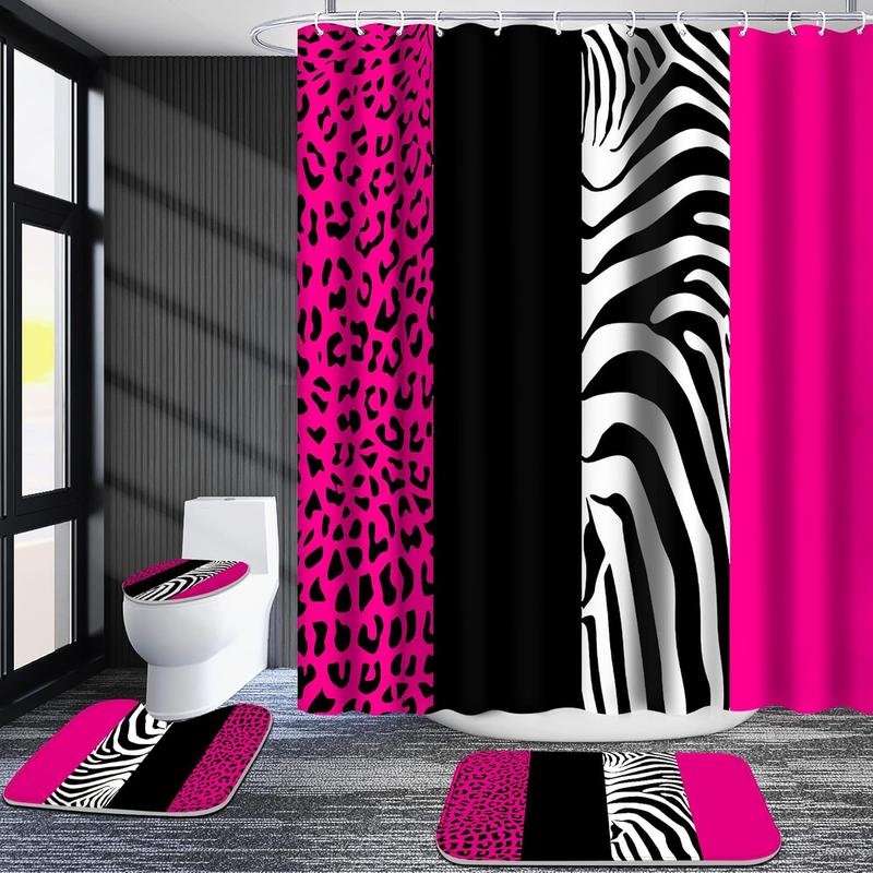 PCs bathroom shower curtain set, leopard print shower curtain shower curtain sets (Bath, shape toilet lid cover) 12 hooks