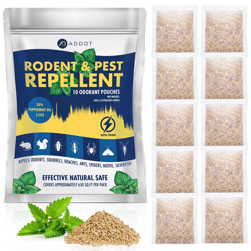 ADDOT Rodent Mouse Repellent Indoor - Powerful Pest Repeller for Mice, Squirrels, Bats, and More - 10 Pack, 40g Effective Peppermint Deterrent for Attic, Garage, RV, Basement, House, and Warehouse