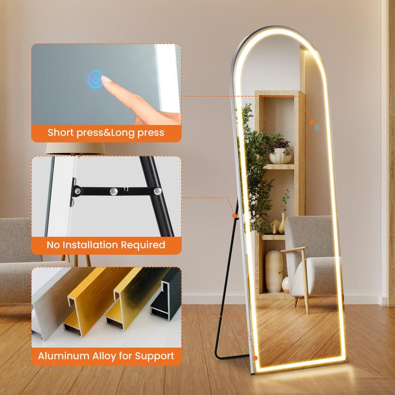 SweetDreamy House  full length mirror Standing Mirror with LED Lights, Lighted Floor Mirror with Stand, w Dimming & 3 Color Lighting, Wall Mirror Full Length Aluminum Alloy Thin Frame