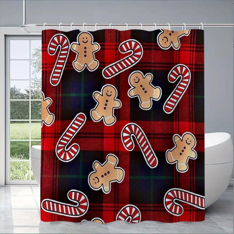 Gingerbread Man Pattern Shower Curtain, 1 Count Waterproof Bathroom Curtain, Bathroom Accessories, Home Decor Supplies for Bathroom