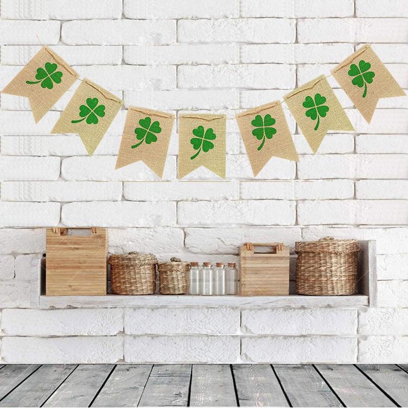 Lucky Shamrock Burlap Garland Banners for St.Patrick's Day Decorations Rustic Burlap Shamrock Clover Banner Garland for Irish Day, Office, Party Supplies Decor