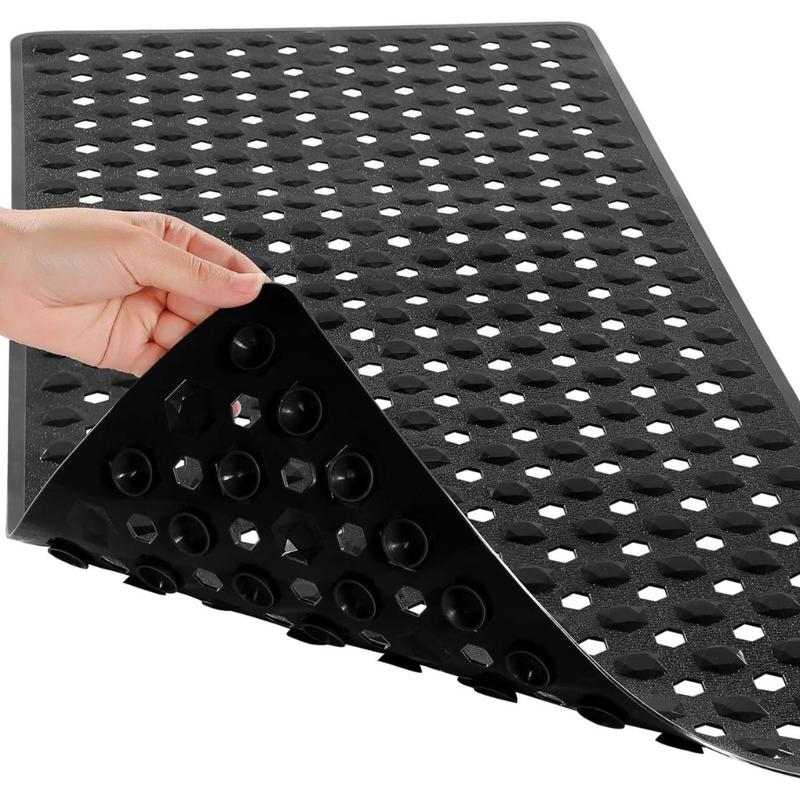 Bathtub Shower Mat, Long Non Slip Bath Mats for Tub with Drain Hole and Suction Cups, Soft on Feet, Machine Washable, Easy Dry, 34.5 x 15.5 Inch, Black(Creative Life Pavilion)