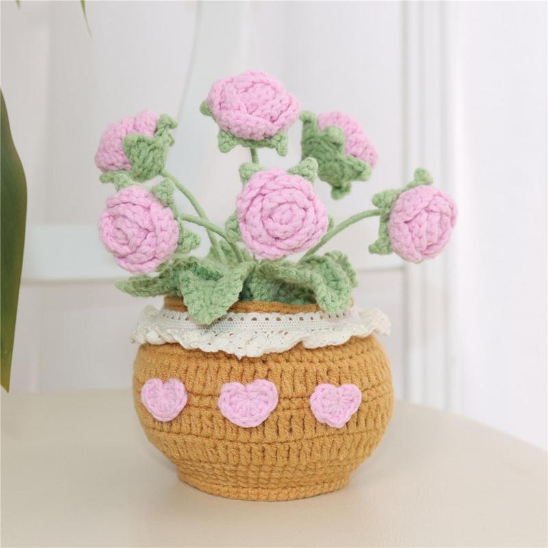 Handmade Knitted Rose Artificial Potted Flower, 1 Count Crochet Flower, Desktop Decorative Flower Pot for Home Office Decor, Gift for Friend & Family, Christmas 2024 Ornament, Christmas Gift Ideas, Crocchet Flowers Home Decor