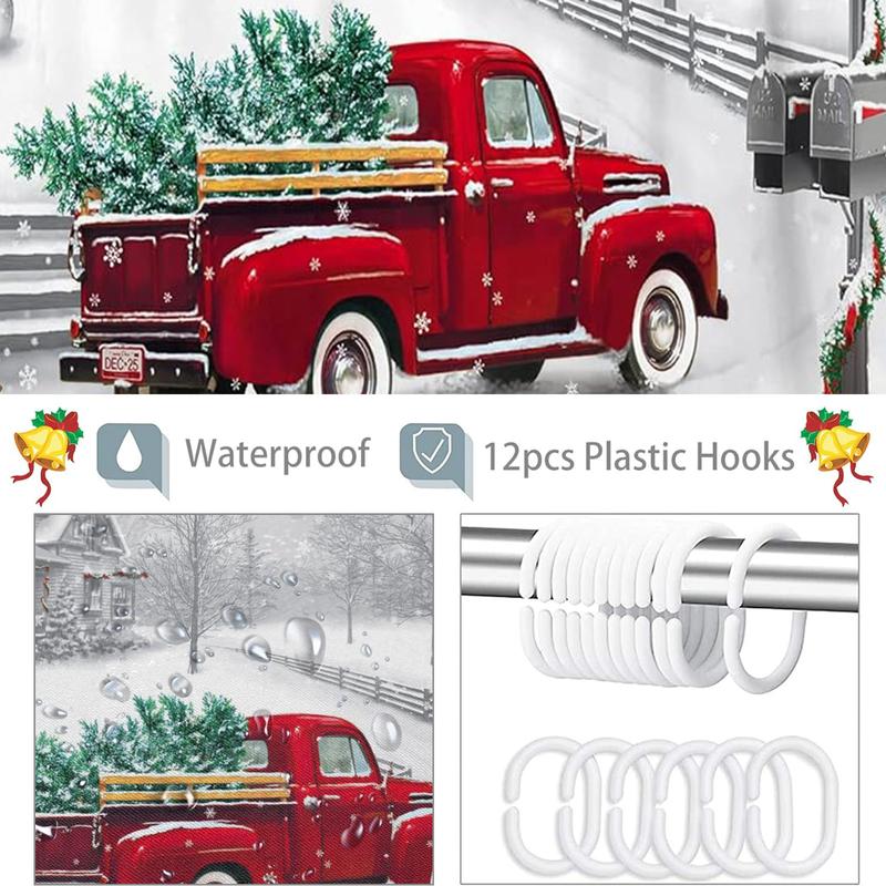 PAUSEBOLL Winter Christmas Shower Curtain White Snow Vintage Red Truck Holiday Trees and Pet Dog Welcome Home Bathroom Shower Curtain with Hooks Waterproof Home Decor Curtain 72x72 Inch