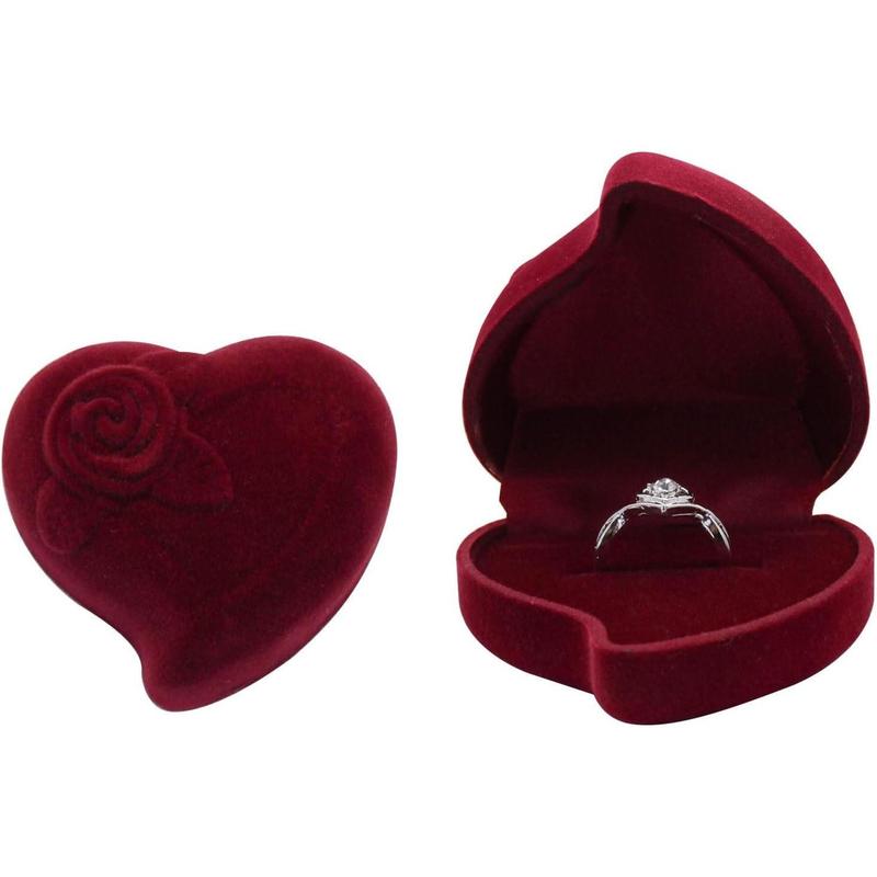 Rose Velvet Ring Box, Plucked Luxury Heart Shaped Box, Ring Jewelry Box for Weddings, Engagement, Proposals, Birthdays and Anniversaries (Red)