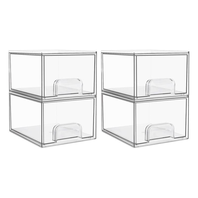 4 Pack Clear Stackable Storage Drawers, 4.4'' Tall Acrylic Bathroom Makeup Organizer,Plastic Storage Bins For Vanity, Undersink, Kitchen Cabinets, Pantry, Home Organization and Storage