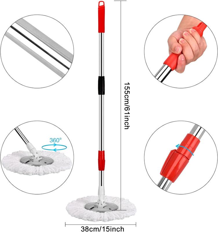 Household Cleaning Spin Mop Set with Bucket Wrings System, 3pcs Microfiber Mop Head, 61-inch Adjustable Extendable Pole, Stainless Steel Handle Box