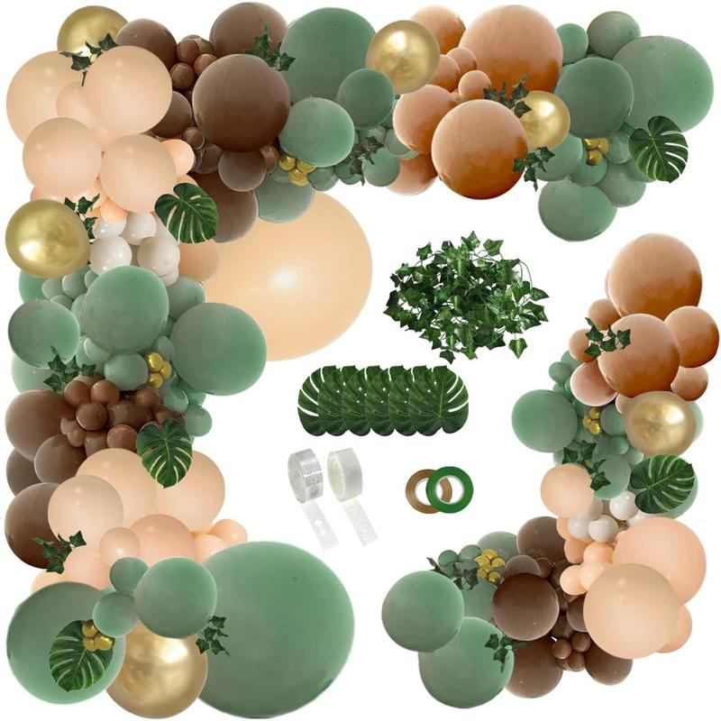 148Count Sage Green Brown Balloon Garland Kit, Jungle Safari Woodland Forest Camper Balloon Arch, Olive Green Gold Coffee Cocoa Balloons for Birthday Wedding Shower Party Decorations