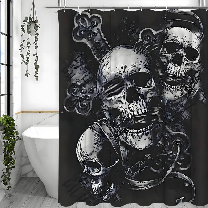 Gothic Three Skull Shower Curtain - Bathroom - Decor - Edgy & Stylish. With 12 Hooks. Two Sizes. Dark Aesthetic for a Unique Bathroom Look